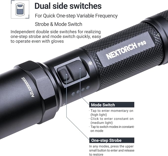 NEXTORCH P80 LED Law Enforcement Flashlight, 1600 High Lumens Rechargeable Flashlight with 5 Modes & Strobe & Ceramic Bead Broken Window for Night Duty, Outdoor Adventure, Self-Protection, Daily Use
