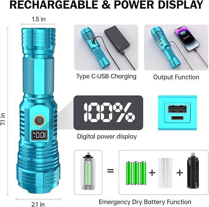 Flashlights High Lumens Rechargeable, 990,000 Lumens Super Bright Flashlight with LCD Digital Display, Zoom, 5 Modes, IPX7 Waterproof, Powerful Tactical Flashlight for Emergencies, Camping