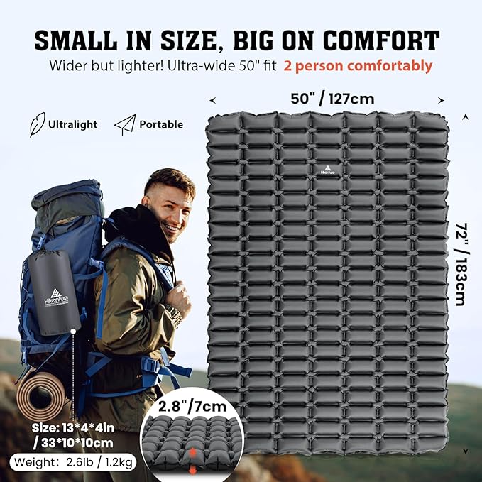 Hikenture Ultralight Double Sleeping Pad, Camping Mattress 2 Person for Backpacking, Hiking,Compact&Inflatable Outdoor Air Mat