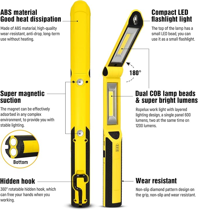 Work Light, Ropelux Rechargeable LED Work Light 1500 Lumens, Portable Flashlight 180° Rotate 3 Modes, with 3 Magnetic Base and Hook Mechanic Light, for Car Repairing/Under Hood/Emergency (Yellow)