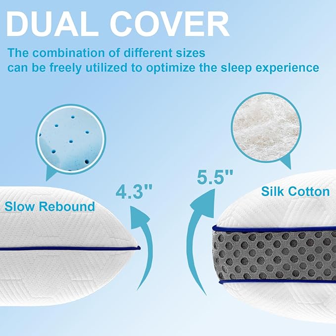 Camping Pillow Dual-Cover Memory Foam Pillows for Travel with Height Extender - 5 Layers Firm Support Small and Portable Camping Pillow for Sleeping (15'' × 9.5'',White)