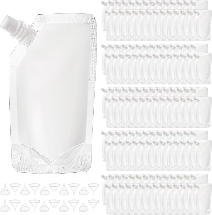 200 Pack Reusable Drink Pouches with 20 Pcs Funnel, 8 Oz Plastic Flasks, Leak-Proof Plastic Pouches for Drinks for Adults for Travel, Concerts