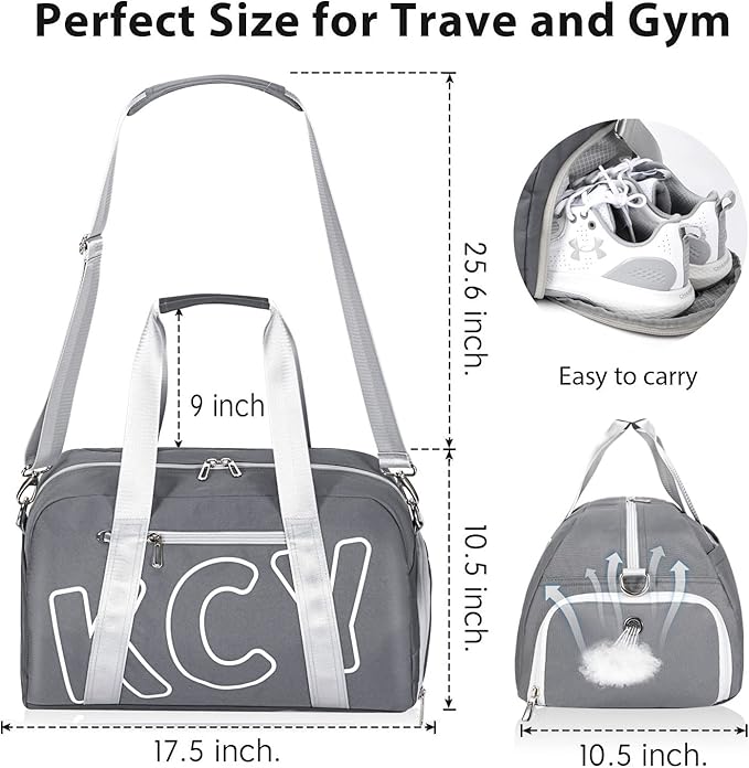 KCY Sports Gym Bag with Wet Pocket & Shoes Compartment for Women & Men, Small Sports Duffel Bag for Yoga Baseball Camping Travel, Waterproof, Lightweight, Dark-grey