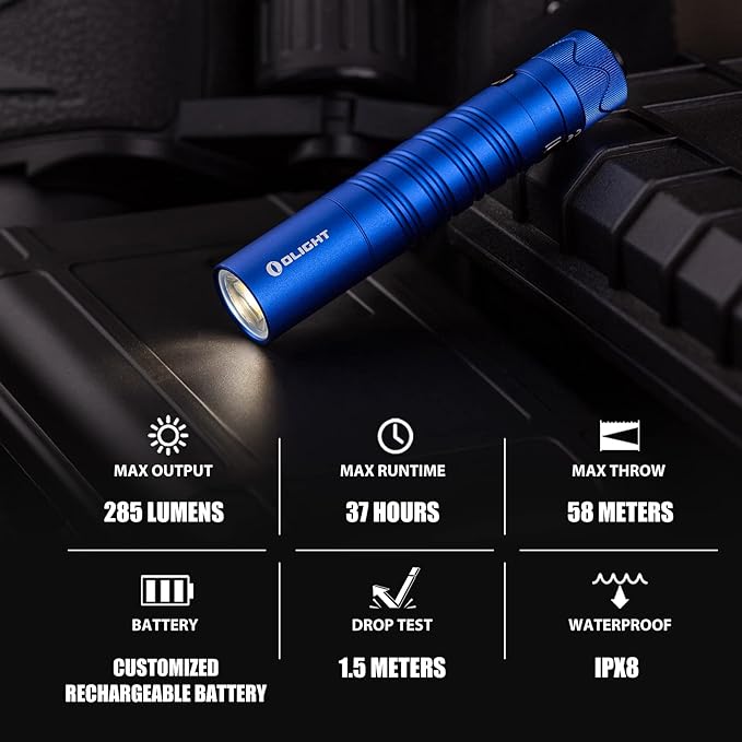 OLIGHT I5R HCRI 285 Lumens Rechargeable Tail-Switch LED Flashlight Powered by USB Rechargeable Battery, Slim EDC Pocket Flashlight for Camping, Outdoor, and Emergency (Blue)