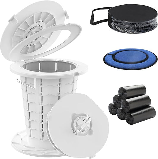 ALEVMOOM Portable Toilet for Adults Outdoor Camping Adjustable Folding Toilet with 6 Garbage Bags,2.8 Pounds Lightweight Portable Potty for Travel/Boat/Road Trips/Beach White