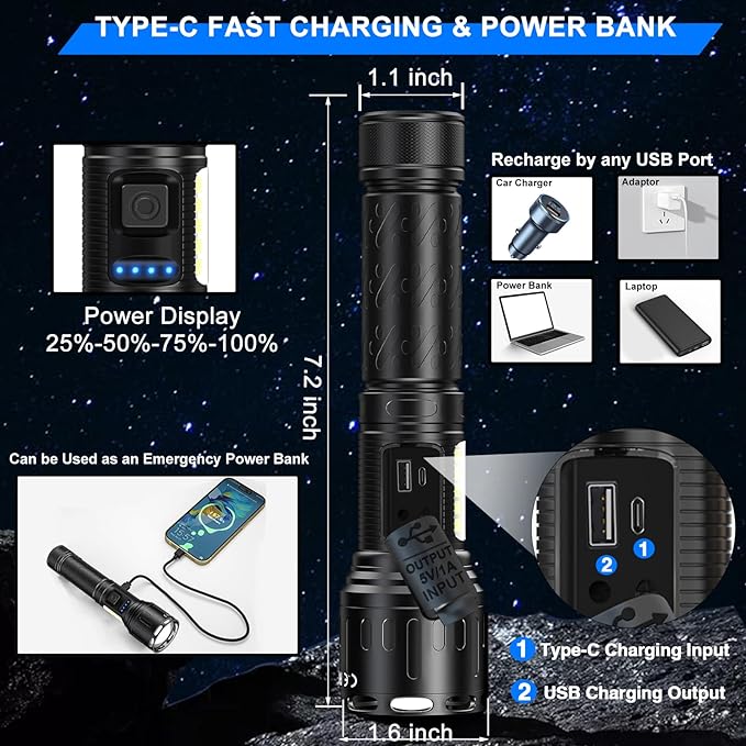 Rechargeable Magnetic Flashlights 100,000 High Lumens, Super Bright LED Powerful Flashlight 8 Modes with COB Work Light, Waterproof Handheld Flash Light for Camping (1 Pack with Paper Box, Black)