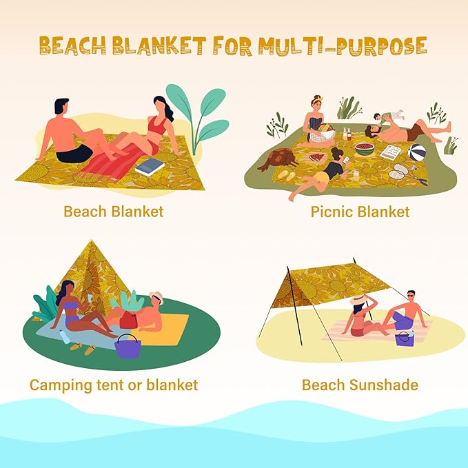 Beach Blanket Waterproof Sandproof 1-7 Adult Oversized 78 '' × 81 '' Lightweight Durable Compact Sand Free Beach Mat for Travel Camping Hiking Picnic Blanket Extra Large