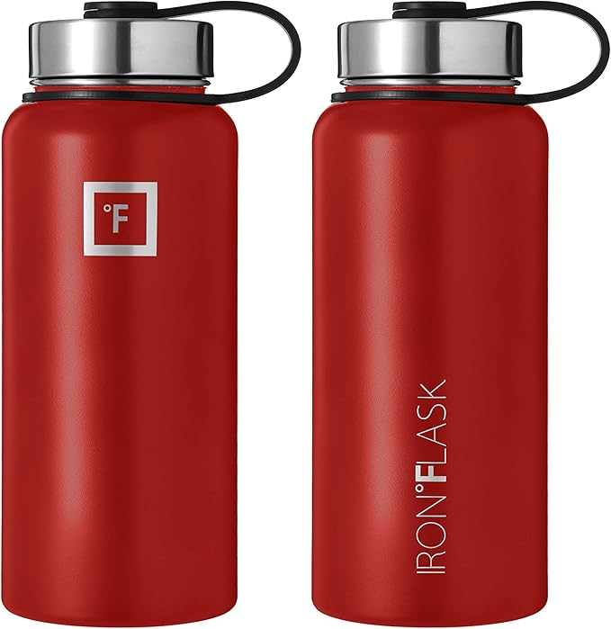 IRON °FLASK Sports Water Bottle - Wide Mouth with 3 Straw Lids - Stainless Steel Gym & Outdoor Bottles for Men, Women & Kids - Double Walled, Insulated Thermos, Metal Canteen - Fire Red, 32 Oz