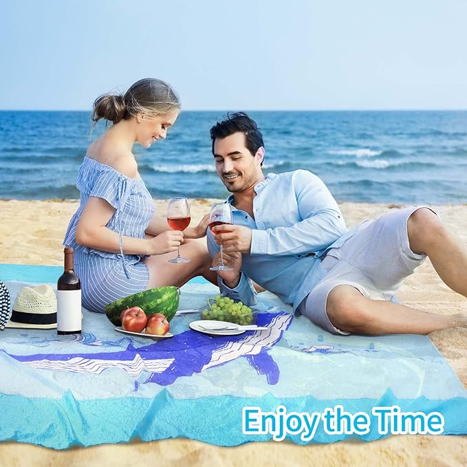 Large Beach Blanket Oversized Beach Mat Intimate Choice of Beach Accessories for Outdoor Travel Camping Hiking Good Gift (XL-BlueWhale)