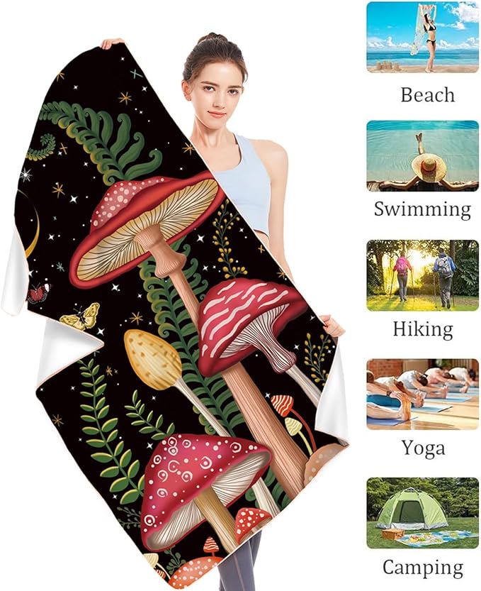 Microfiber Oversized Lightweight Thick Mushroom Beach Towel 71"x31.5" XL Extra Large Terry Sand Free Towels Travel Swim Pool Yoga Gym Camping for Women Men Beach Essentials Accessories Vacation Gift