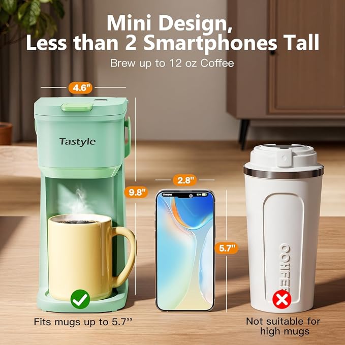 Single Serve One Cup Coffee Maker, for K Cups and Grounds, Mini Coffee Maker with Portable Handle, 6 to 12 Oz Brew Size, for Travel, Camping, Office, RV and Dorm, 120V, Oasis