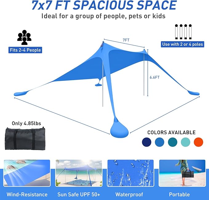 Beach Tent Pop Up Shade Canopy Sun Shelter UPF50+ with 2 Stability Poles/Carry Bag/Ground Pegs/Sand Shovel/Windproof Ropes Portable Outdoor Family Sunshade for Camping (Royal Blue,7×7FT)