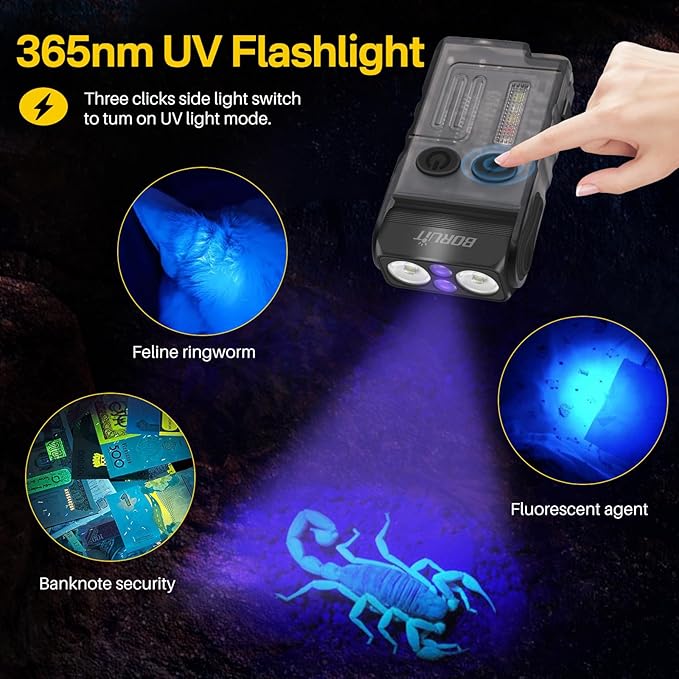 BORUIT V20 LED Small Powerful EDC Flashlight with 365nm UV Light,180°Head Swivels,USB C Rechargeable 1000 LM Mini Pocket Keychain Flash Light with Clip-13 Mode,IP67,Magnetic,110DB Buzzer(Black)