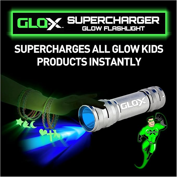 GLO-X Supercharger UV Black Light LED Flashlight - Powerful High-Intensity Blacklight Charges All Glow in The Dark Products for Glow-in-The-Dark Paint, Charms, Fishing and Camping