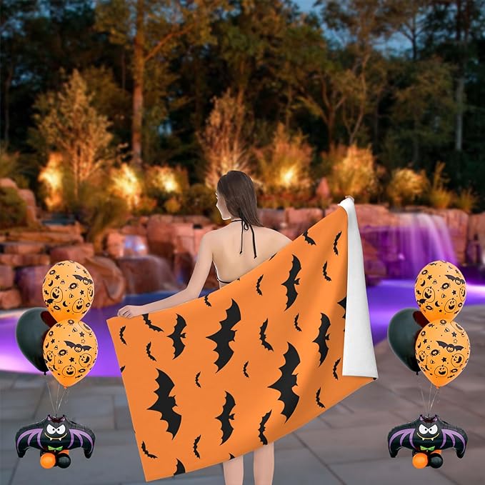 Halloween Bats Theme Beach Towel, Quick Dry Super Absorbent Bath Towels, Orange Oversized Microfiber Bathroom Towels for Shower, pool, Camping, Beach 30x60 in