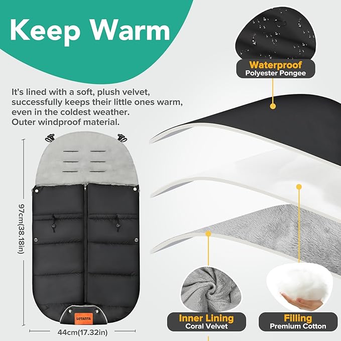 Warm Bunting Bag, Universal Stroller Cover for Winter Sleeping Bag Blanket Cold Weather, Waterproof Toddler Footmuff (Black, Large)
