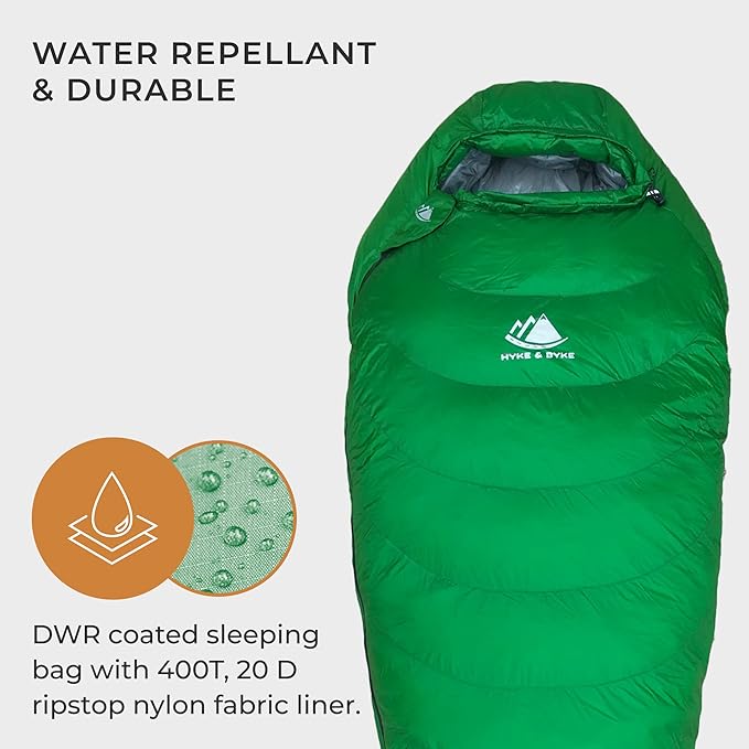 Hyke & Byke Katahdin 15 F Hiking & Backpacking Sleeping Bag - 4 Season, 625FP Ultralight Sleeping Bag - Water Resistant - Charcoal Gray - Long