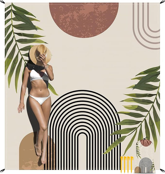 Bohemian Beach Blanket, 78''×86'' Large Waterproof Sandproof Beach Picnic Blanket 4 Adults, Polyester Lightweight Compact Sand Free Beach Mat w/ 4 Stakes for Travel, Camping, Hiking - Rainbow Leaves