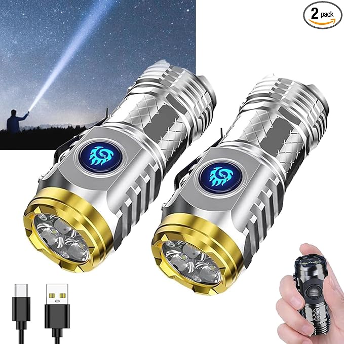 German Three-eyed Monster Mini Flashlight Thumb Flashlight, Mini Flash Super Power Flashlight, Multi-Functional Mini Pen Clip Flashlight Light Steel High Lumen Rechargeable Waterproof (2Pcs-b)