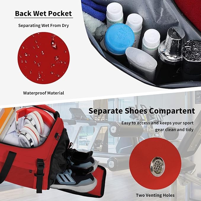 Eackrola Extra Large Sports Gym Bag, Travel Duffel bag with Wet Pocket & Shoes Compartment for men women, 85L, Lightweight (Red)