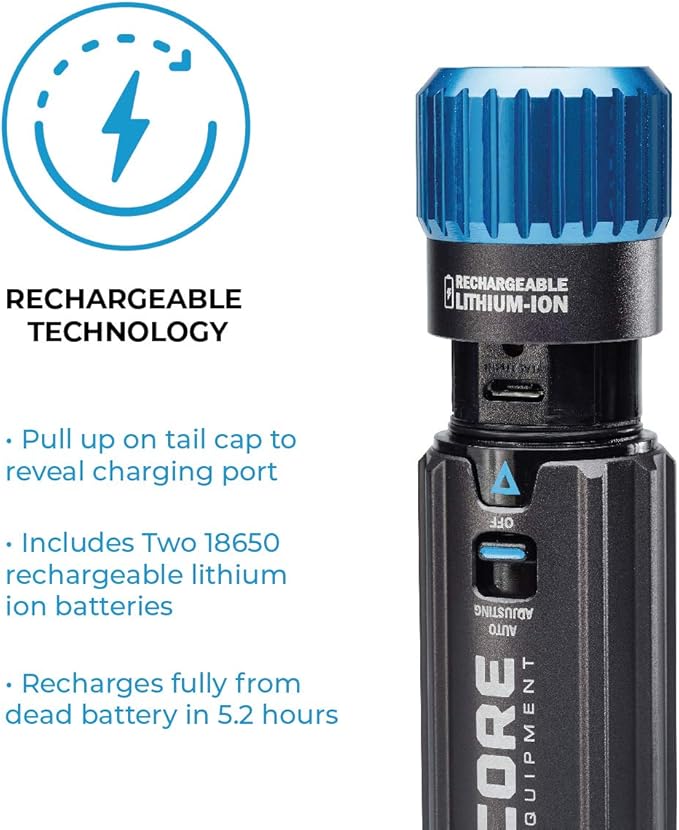 CORE 1500 Lumen CREE LED Rechargeable Camping Emergency Flashlight, Lithium Ion Batteries, Auto-dimming