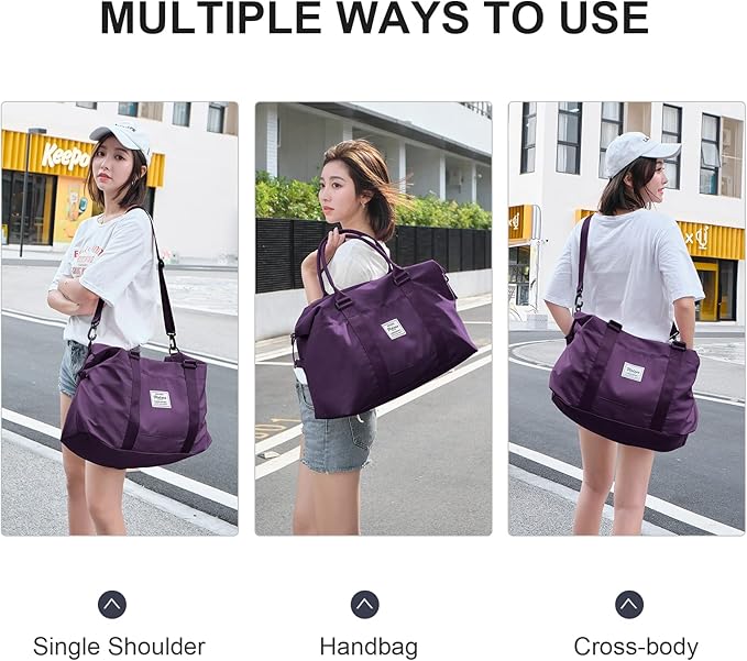 Small Gym Bag for Women, Dark Purple Stylish Duffle Travel Bag for Plane, Lightweight Duffle Bag for Women, Sport Gym Tote Bag with Wet Pocket for Yoga, Pilates, Swimming