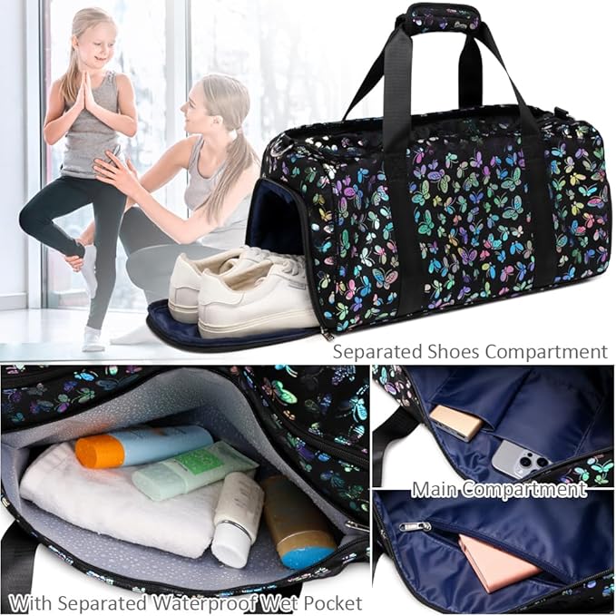 Duffle Bag for Girls Soft Fuzzy Butterfly Dance Bag for Girls Sports Gym Bag Ballet Bag Travel Duffle Bags with Shoes Compartment and Wet Pocket