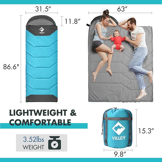 VILLEY Camping Sleeping Bag for Adults Boys and Girls, Lightweight Compact Backpacking Sleeping Bag for Outdoor, Traveling, Hiking