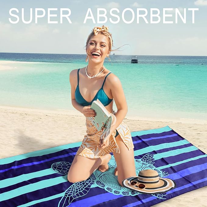 Bnuitland Turtle Pattern Beach Towel (35X75 inches), Oversized Quick Drying Absorbent Sand Free, Cute Towels for Travel Swimming Pool Picnic, 88% Polyester and 12% Polyamide,Blue