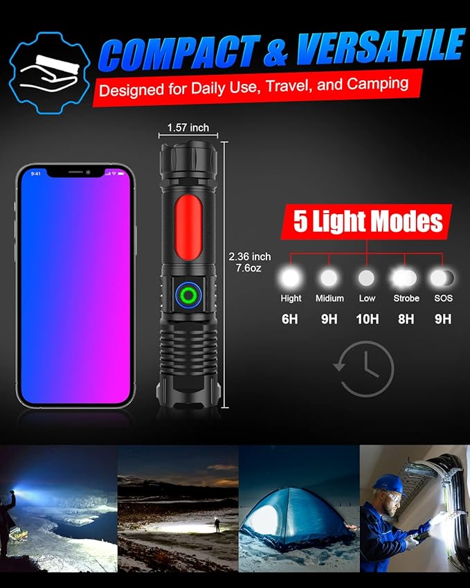 Flashlight USB Rechargeable, Super Bright LED Flashlight 3500LM, Small Tactical Flashlights, Waterproof, Zoomable, Portable Flashlights for Camping, Hiking, Emergency