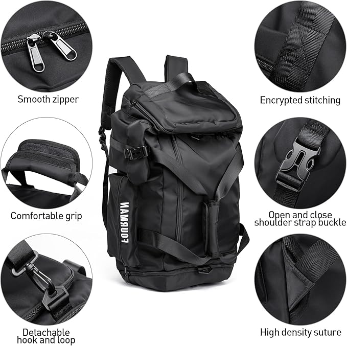 Duffle Backpack Bag with Shoe Compartment, 3 in 1 Weekend Duffel Gym Backpack for Men Waterproof Lightweight Sports Bags for Travel (Black)