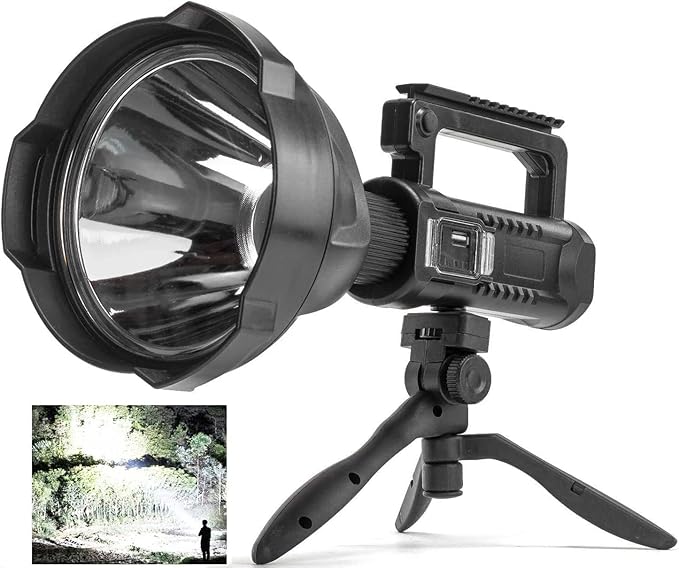 Rechargeable Spotlight Outdoor, 990000 Lumens Super Bright Led Spot lights Flashlight with 4 Modes & Foldable Tripod, 8000 ɱAh Large Handheld Searchlight Long Lasting for Camping Hunting Boating