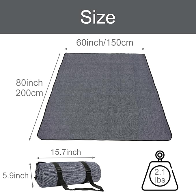 Grey Picnic Blanket with Strap, 60'' x 80'' Sandproof Beach Mat with Storage Bag, Waterproof Outdoor Blanket for Travel Camping Park Beach, Machine Washable (Grey)