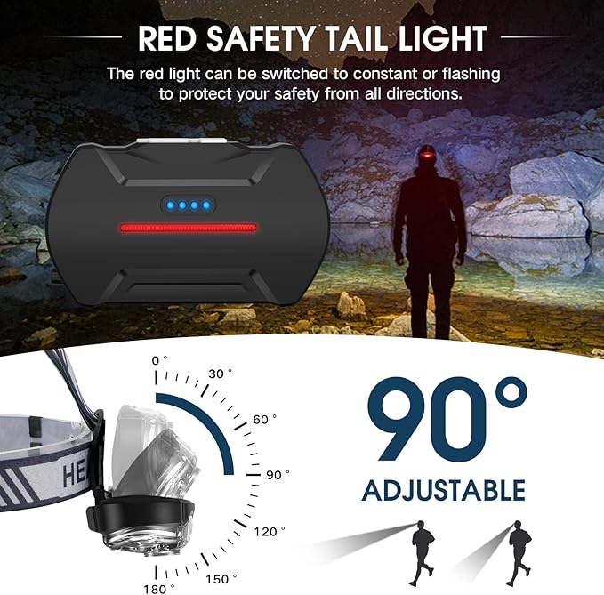 Rechargeable Headlamp, 20000 High Lumen 5 LED Head Lamp with Red White Light,IPX4 Waterproof Headlight,8 Mode Head Flashlight for Outdoor Running Hunting Fishing Hiking Camping Gear-2Pack