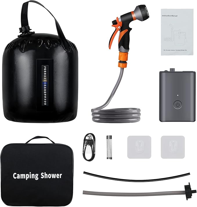 Portable camping shower, 5gallons/20 liters rechargeable air pump outdoor electric camping shower, 8 spray modes, solar heating black PVC airbag, built-in thermometer, beach, camping, hiking