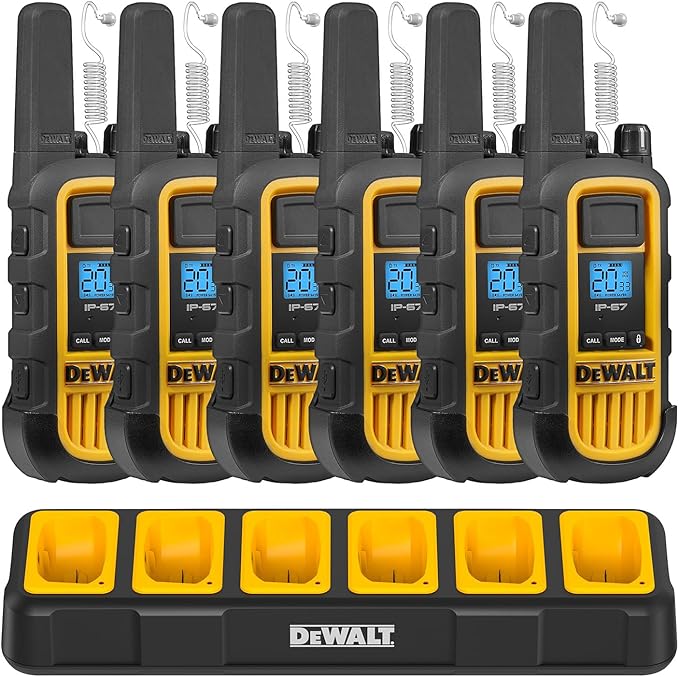 DEWALT DXFRS800 Bundle 2W Walkie Talkies Heavy Duty Business Two-Way Radios, 6 Pack with 6 Headsets Plus Gang Charger (DXFRS800BCH6-SV1)