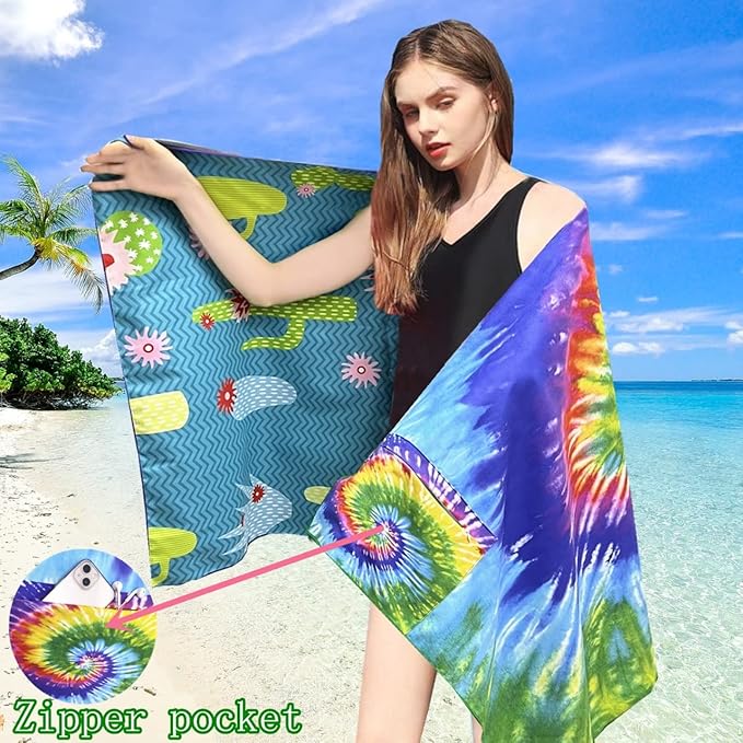 HAOKUN Microfiber Sand Free Beach Towel with Zipper Pocket Fast Dry Oversized Lightweight Big Large Towels for Travel Pool Swimming Bath Camping Adult Women Men Tie Dye Beah Towel (tie dye Colorful