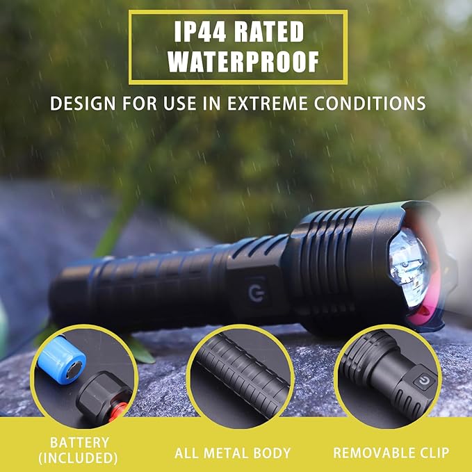 Rechargeable Led Flashlights 10000 Lumens Flashlight 6.7in Handheld Flashlights IP44 Waterproof Zoomable 5 Modes Waterproof Flash Lights for Emergency, Outdoor, Home, Camping, Hiking(Battery Free)
