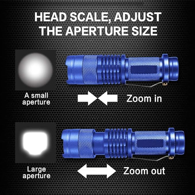 MODOAO 6 Pack,7W 300LM SK-68 3 Modes Mini Light Black Q5 LED Tactical Flashlight, LED Mini Flashlights,Adjustable Focus Zoomable Tactical Flashlight for Camping Hiking Emergency(Blue