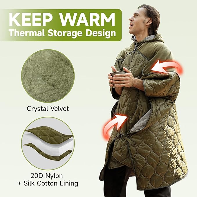 Sleeping Bag for Adult, Wearable Blanket Insulated Poncho Hooded, Sleepingbag Quilt for Winter Camping Hiking Sports