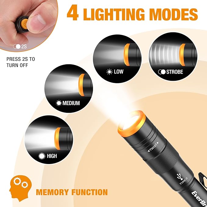 EverBrite Mini Pen Light, Rechargeable Pocket Pen Flashlight with USB C Cable, 4 Light Modes, 300 Lumens Small Flashlight with Clip for Inspection, Repair, Outdoors, Emergency, Black