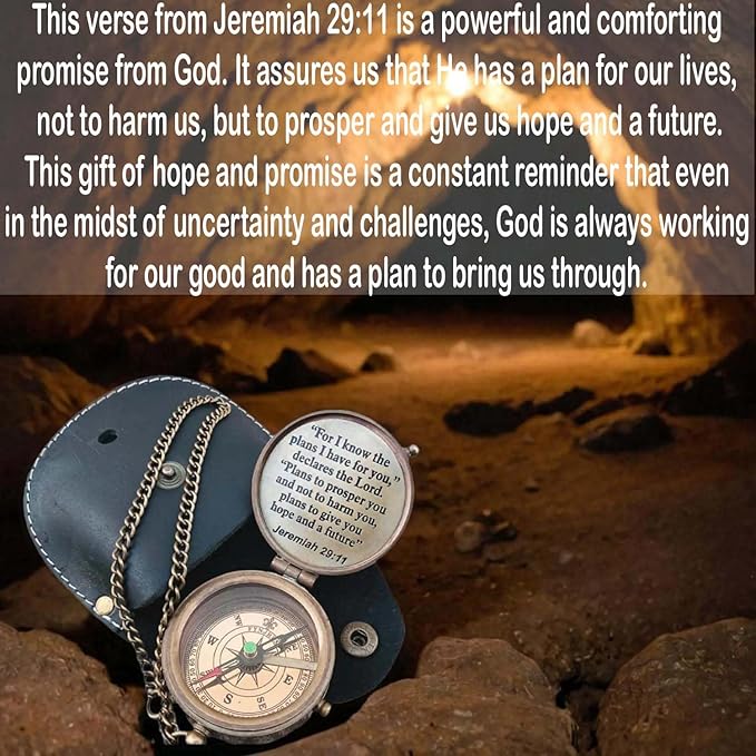 Engraved Brass Compass, Antique Nautical Vintage Directional Magnetic Compass, with Famous Scripture Quote, Baptism Gifts with Leather Case