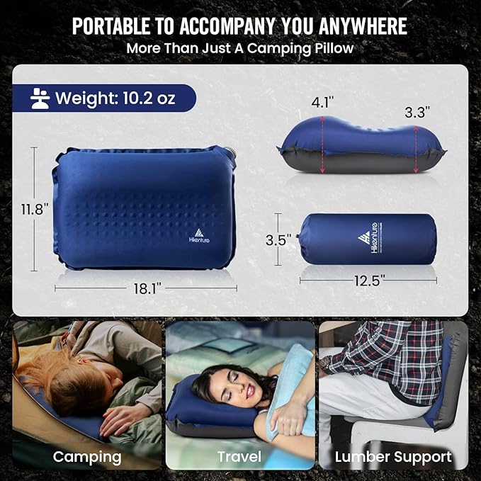 Hikenture Self Inflating Camping Pillow, Foam Travel Pillows for Sleeping, Ergonomic 3D Support Inflatable Pillow, Compressible Blow Up Camp Pillow, Portable Backpacking Pillow, Blue
