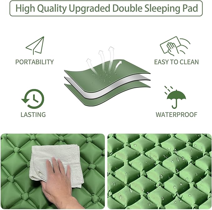 Double Sleeping Pad for Camping, 2 Person Ultralight Inflatable Sleeping Mat with Pillow and Built-in Foot Pump, Portable Camping Mattress for Tent, Backpacking, Hiking, Traveling