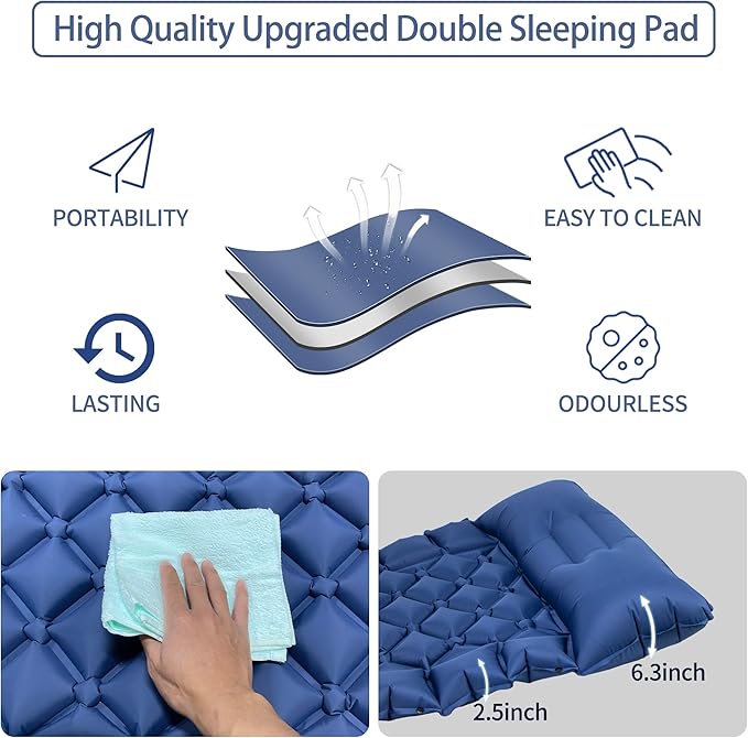 Single Sleeping Pad for Camping, Ultralight Inflatable Sleeping Mat with Pillow and Built-in Foot Pump, Portable Camping Mattress for Tent, Backpacking, Hiking, Traveling(Blue)