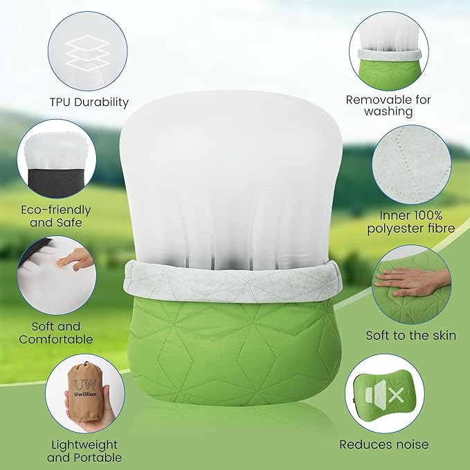 Inflatable Camping Pillow with Removable Cover - Ultralight Inflatable Pillow for Camping Lightweight, Ergonomic and Washable for Camping, Hiking, and Travel Green