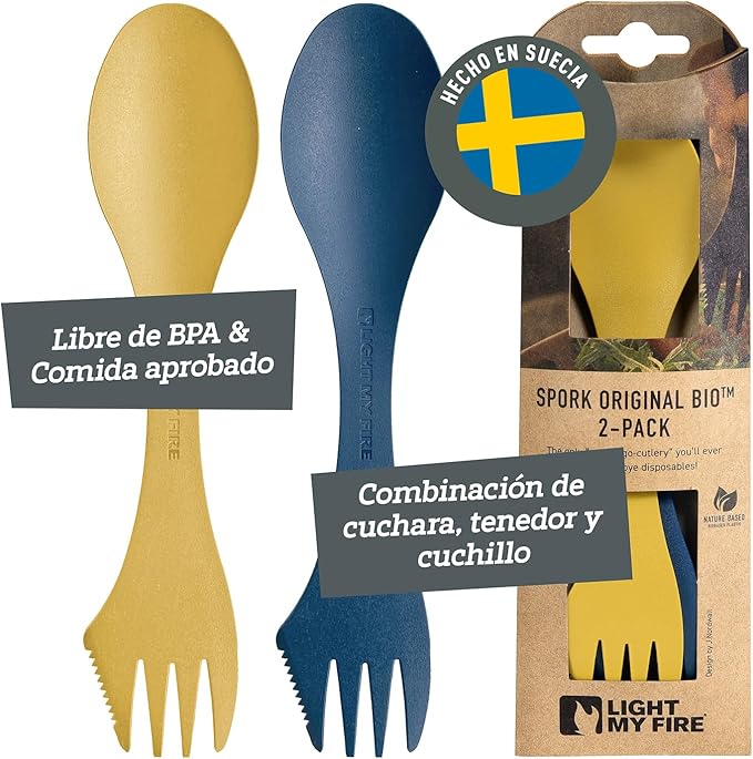 Light My Fire Spork Original 3-in-1 Camping Spoon Fork Knife Combo Reusable Travel & Camping Utensils Lunch Spork Outdoor Backpacking Hiking Picnic Utensil BPA Free, 2-Pack Yellow/Blue