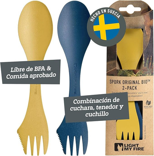Light My Fire Spork Original 3-in-1 Camping Spoon Fork Knife Combo Reusable Travel & Camping Utensils Lunch Spork Outdoor Backpacking Hiking Picnic Utensil BPA Free, 2-Pack Yellow/Blue