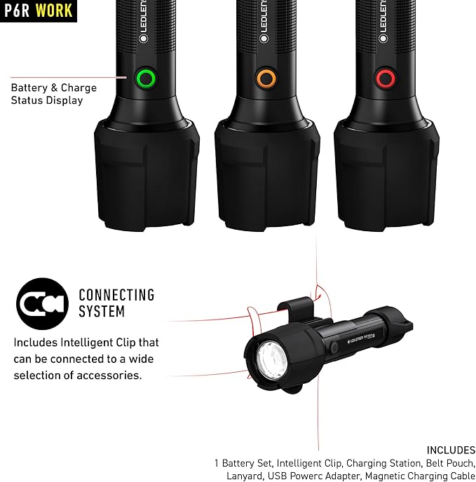 Ledlenser, P6R Work Rechargeable Flashlight, High Power LED, 850 Lumens, Waterproof Light for Professional, Home, Outdoor, Emergency Use, Black