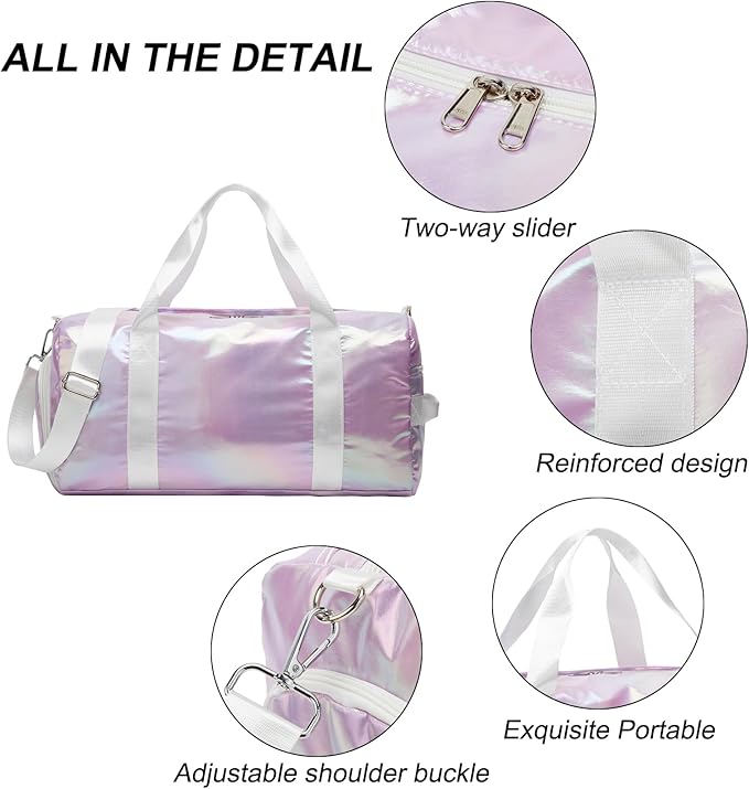 Sports Gym Dance Bag for Women Girls, Shimmery Waterproof Duffle Travel Bag With Shoes Compartment and Wet Dry Pocket (Purple)